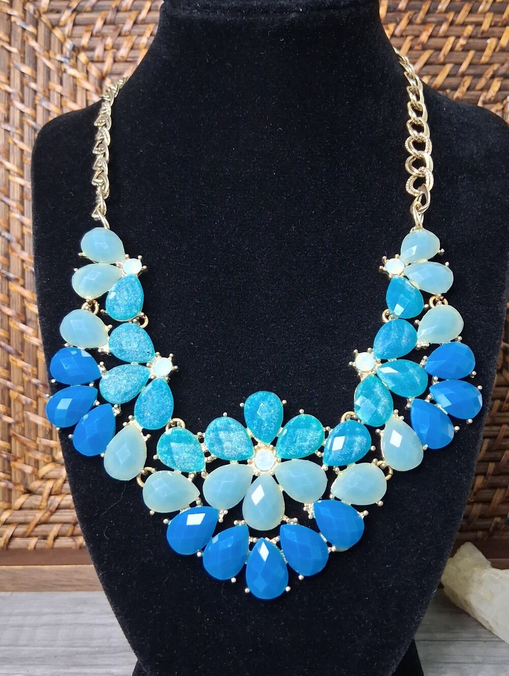 Gold-Plated Blue Teardrop Statement Necklace - Women Jewelry